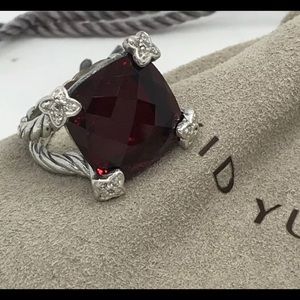 🌼DAVID YURMAN Sterling Silver 925 Red Garnet Diamond 14mm Cushion on Point Ring